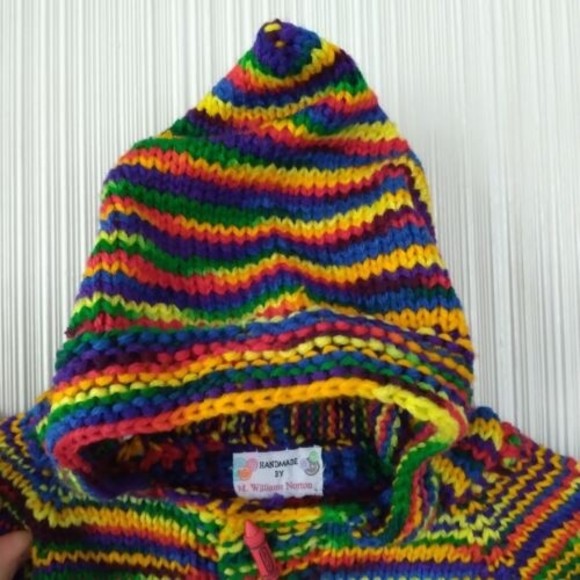 Handmade Knitted Colorful Sweater Cardigan Hoodie Crayon Buttons Hooded 12" P2P - Picture 6 of 10